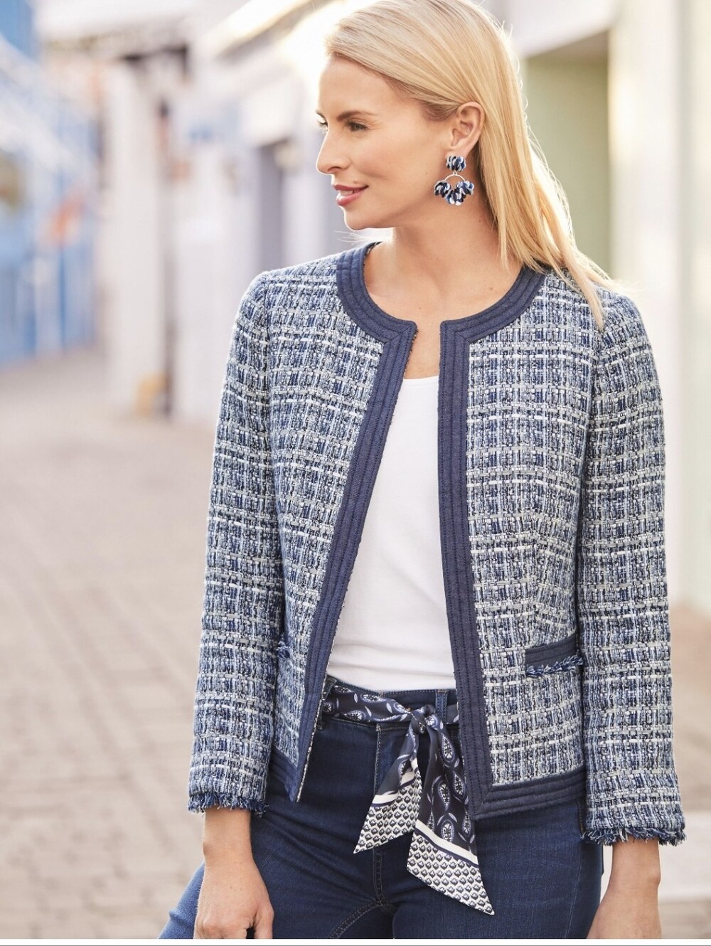 Talbots Blazer Women's Size 14 Tweed Boucle Blue Fringe Casual DENIM details